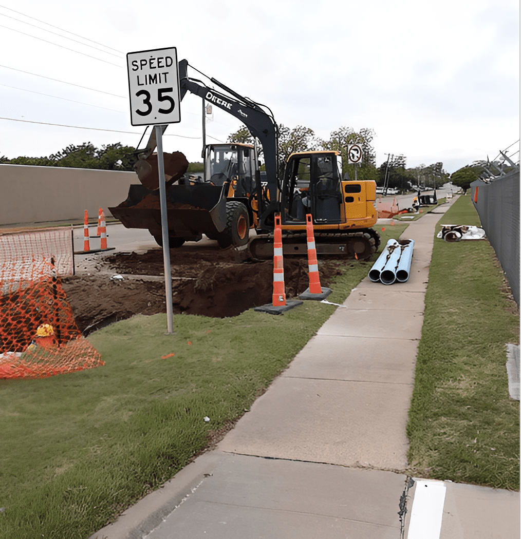 Excavation near sidewalk and pipes.