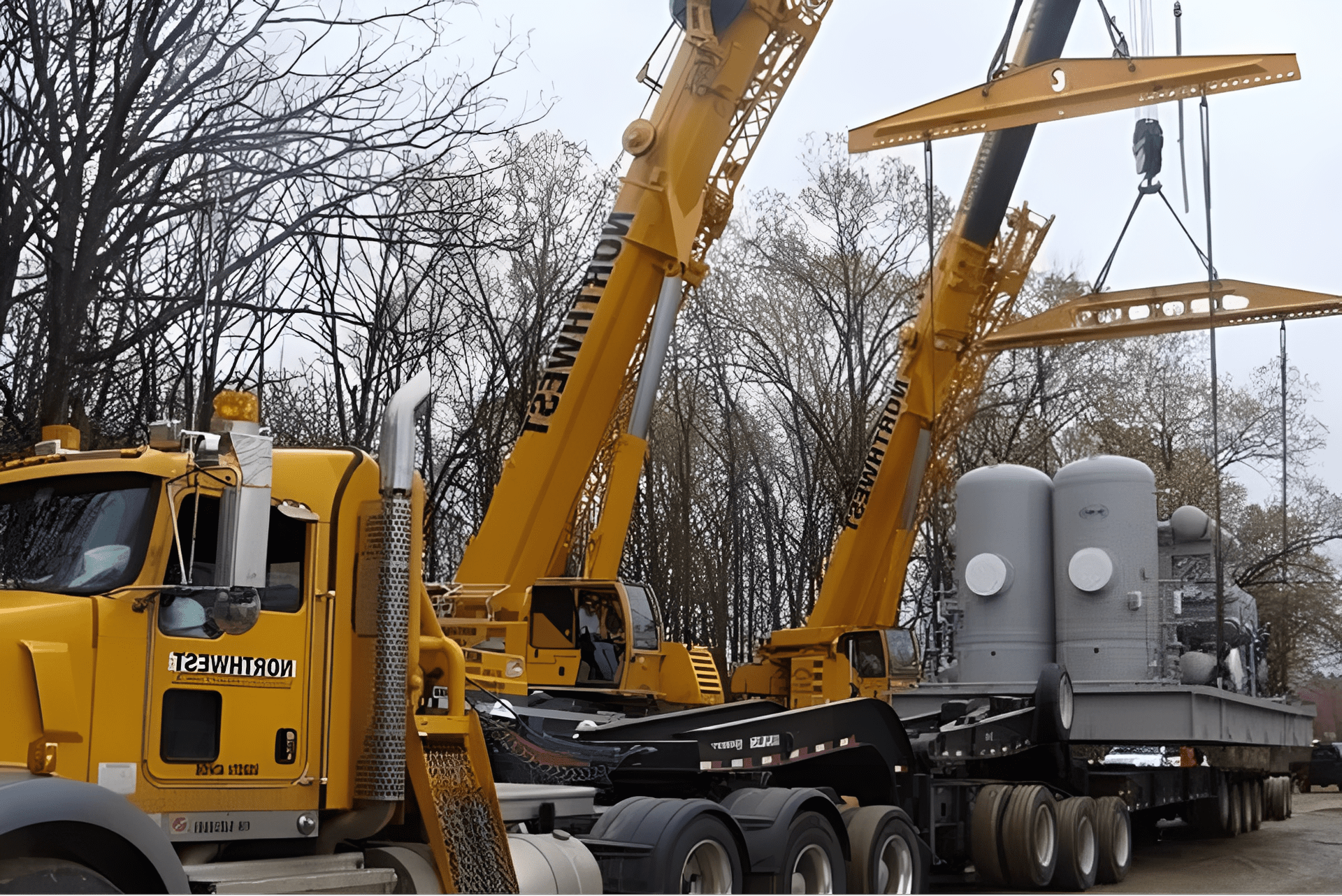 Construction site with cranes and truck