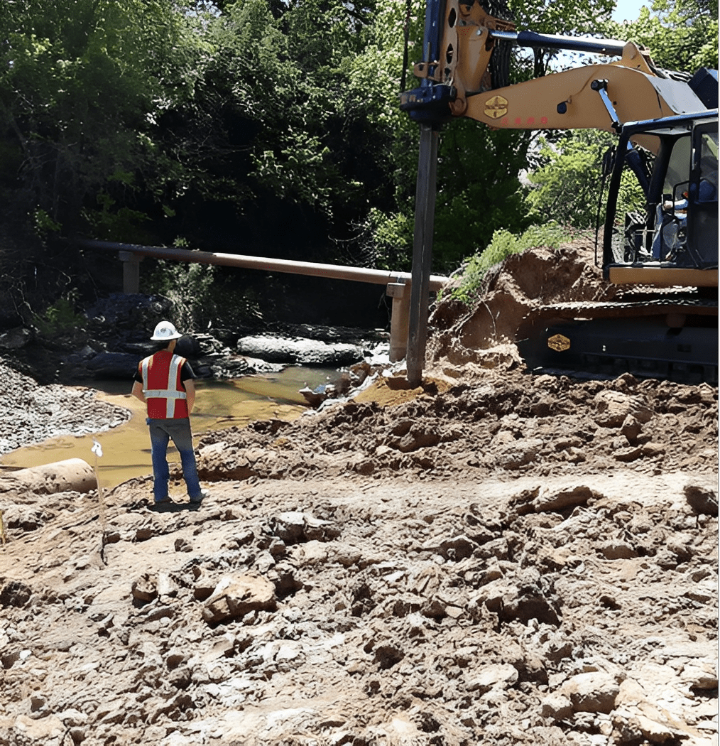 Construction worker observing excavator by riverbank