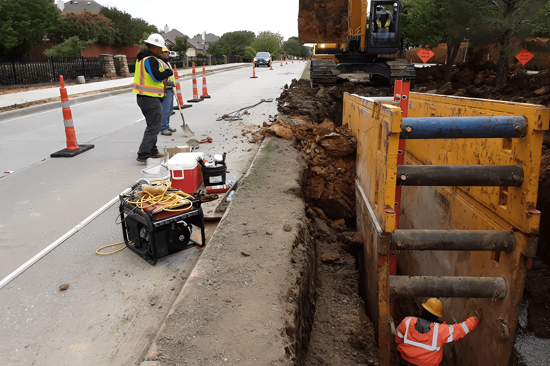 Construction workers digging trench on road