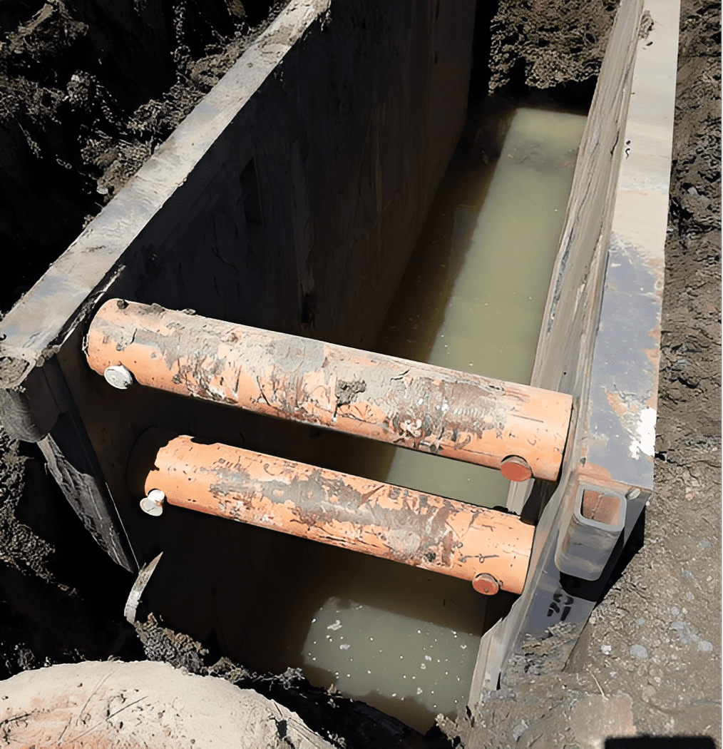 Orange pipes above muddy water trench